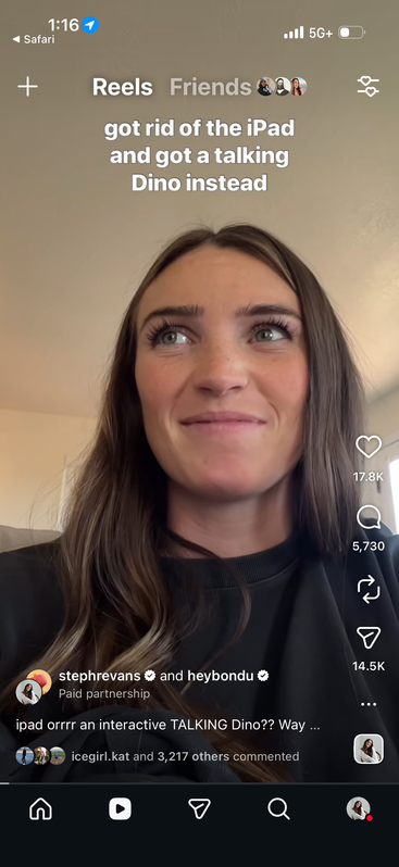 Steph introducing a talking dinosaur toy in a sponsored reel