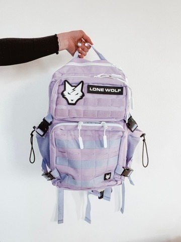 Purple backpack featured in a talking-style product video